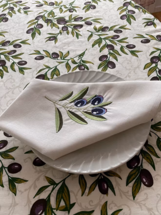 Set de 4 Serviettes de Table Brodees - Lin Naturel Motif Olivier